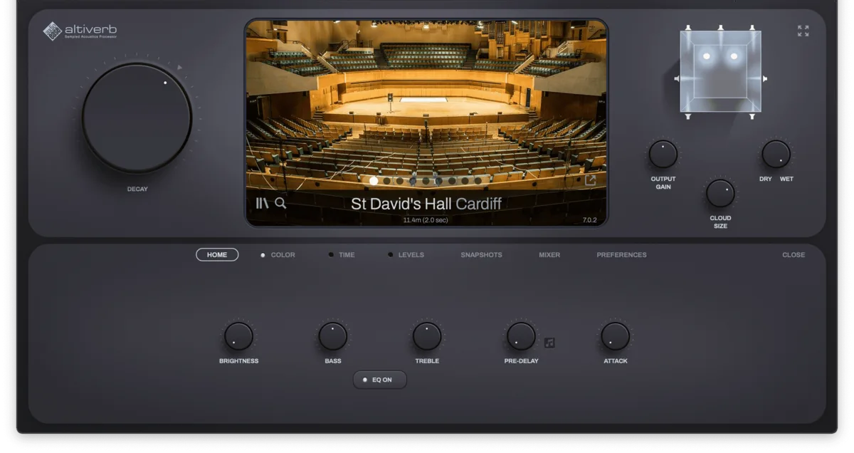 Interfaz de Audio Ease Altiverb 8 con imagen de una sala de conciertos