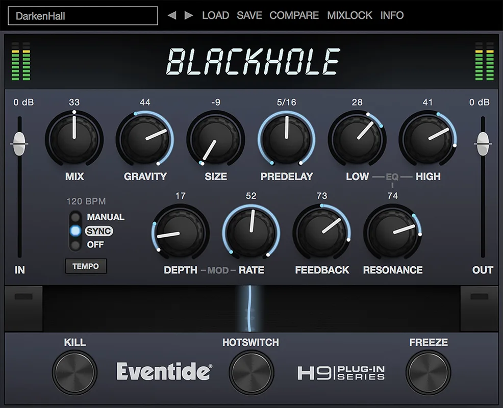 Interfaz oscura de Eventide Blackhole con controles Gravity y Size