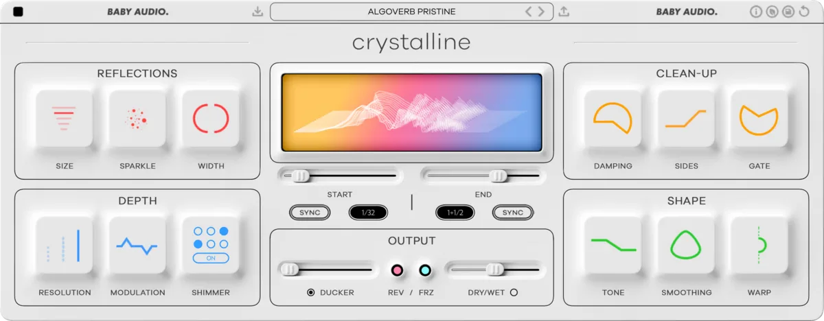 Interfaz de Baby Audio Crystalline con secciones de timing, reflexión y tono