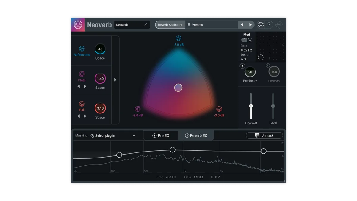 Interfaz de iZotope Neoverb con Blend Pad para reflexiones, placa y hall