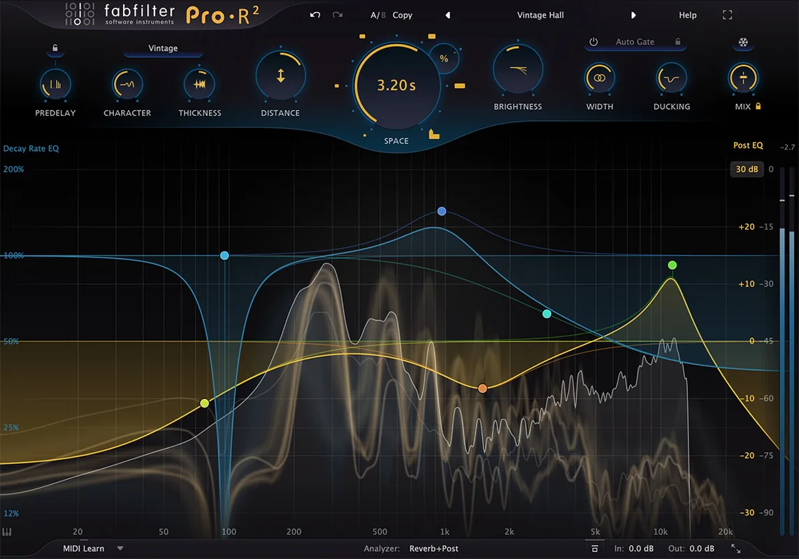 Interfaz de FabFilter Pro-R 2 con visualización de la cola y ecualización