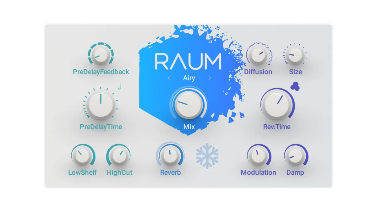 Interfaz clara de Native Instruments Raum con controles de difusión y modulación