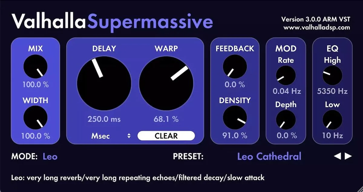 Interfaz de Valhalla Supermassive con controles de delay, warp y modulación