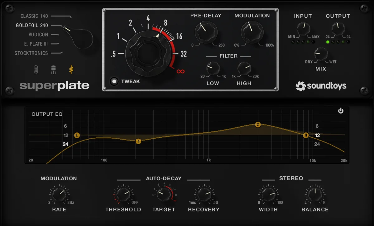 Interfaz de Soundtoys SuperPlate con modelo de placa y controles de preamplificador