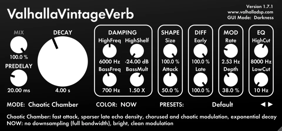 Interfaz de Valhalla VintageVerb con modos de reverb y controles de color
